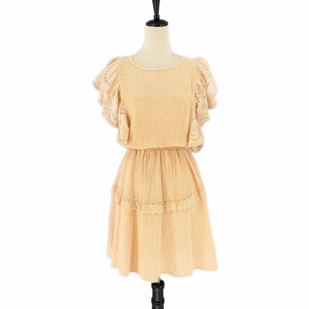 Mazik NEW Beige Eyelet Ruffle Gauze 100% Cotton Cottagecore Feminine Mini Dress